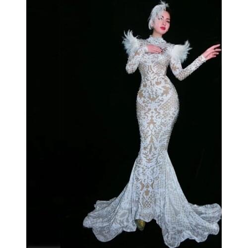 New Arrivals Fashion Costume Cocktail Party Dress Vestidos Women Outfit Elegant Beading Shining Girl Feathers Long Dress Wholesa