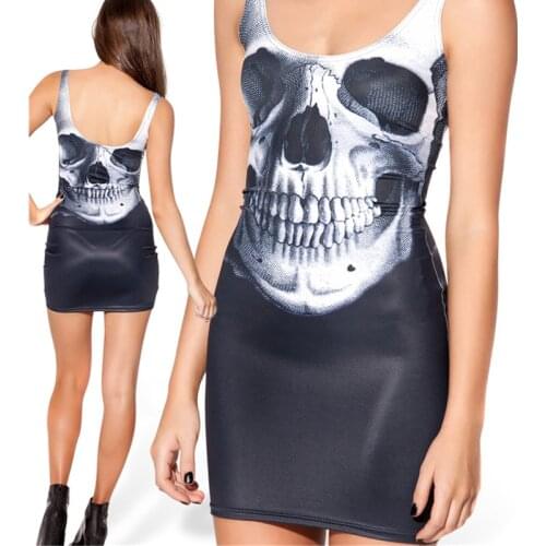2016 Newest Women Summer Skull Print Bodycon Mini Dress Digital Print Sleeveless White Skull Sundress Clubwear M7242