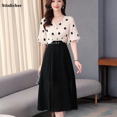 High quality women dress summer vintage V-neck polka dot print chiffon dress ladies elegant office work long tunic dress women