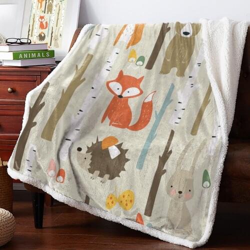 Winter Cashmere Blanket Cartoon Forest Animal Tree Fox Bear Rabbit Child Sherpa Blankets Fleece Throw Sofa Bed Cover Bedspread