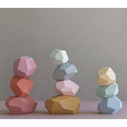 10 Pcs Children Wooden Colored Stone Stacking Game Building Block Education Toy F3ME