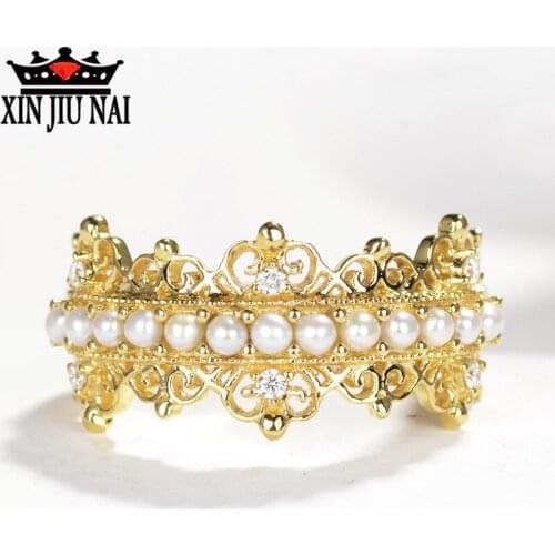 2020 New Light luxury elegant line trendy wild hollow crown inlaid with pearl ring diamond rings for women 14k gold jewelry
