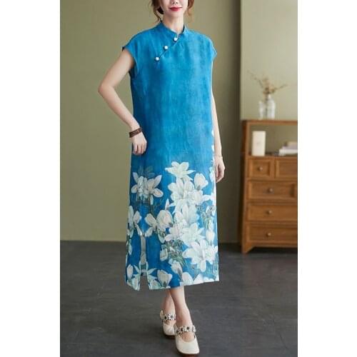2021 chinese national style improved qipao dress oriental style cheongsam short-sleved ramie fabric printing qipao collar dress