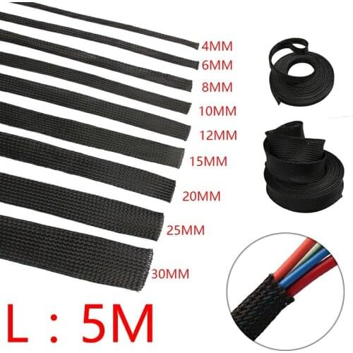 5M Cable Sleeve Black Insulated Braided Sleeve PET Expandable High Density Sheathing 2/4/6/8/10/12/15/20/25mm Wire Protection