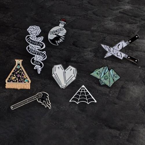 Halloween Unisex Accessories Dagger Knife Matches Cobweb Flower Rose Heart Coffin Punk pin Enamel Brooch For Women Men