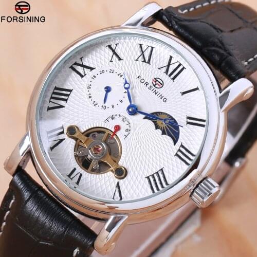 Forsining Classic Blue Moon Phase Mechanical Watches Automatic Tourbillon Mens Genuine Leather Watch Relogio Masculino Dropship