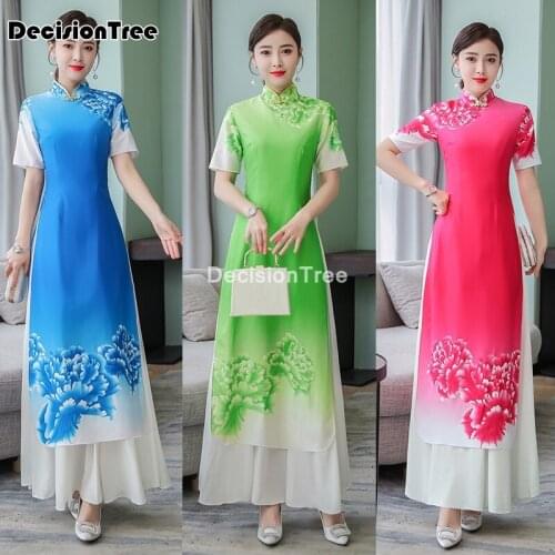 2021 folk style vietnam robes chiffon aodai graceful dress stand collar elegant traditional clothing floral aodai