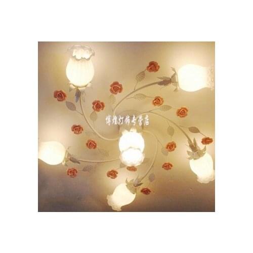European-style garden living room Romantic Restaurants white wrought iron pink ceramic flowers glass lampshade Ceiling Lamp c166