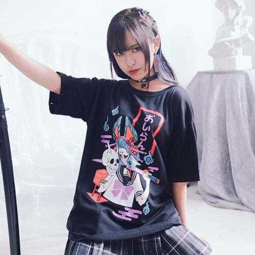 Korean Women Harajuku T-Shirt Short Sleeve Tops Loose Streetwear Japanese Cartoon Anime Dropshipping Punk Y2K Dark Black Clothes
