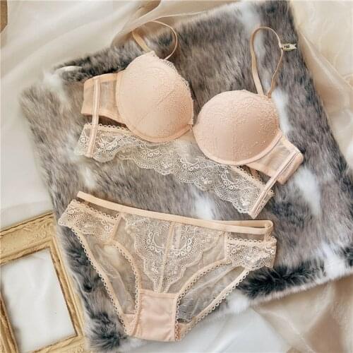 Wriufred Womens gathered bras with briefs suit lace with steel ring anti-sagging sexy underwear set thick deep V lingerie