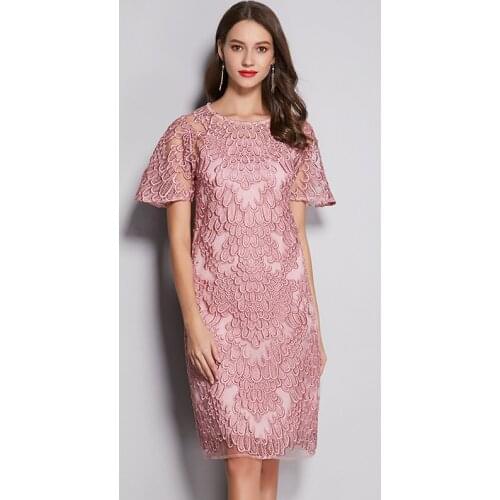 2020 Summer Womens Short Sleeve Elegant Embroidery Pencil Dress , Woman Female 4xl 5xl Slim Mid Calf Dresses