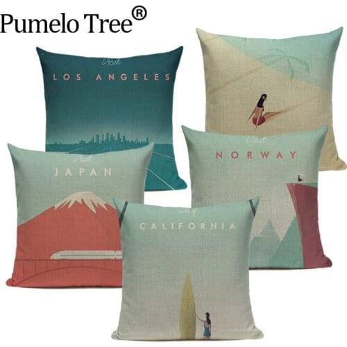 Light Blue Simple City Scenery Pillowcase Office Hotel Farmhouse Linen Cotton Cushion Cover Sofa Home Decor Throw Pillow Cover