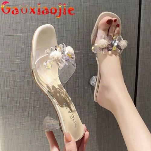 New Women Slippers Summer Transparent Word Wine Glass Crystal Beads High Heels 6CM Sandals Princess Style Sandals Ladies Slides
