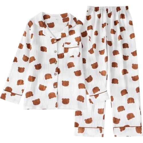 New Pure Cotton Thin Pajamas for Women Spring and Autumn Summer Double-layer Gauze Long-sleeved Trousers Cute Plus Size Sets