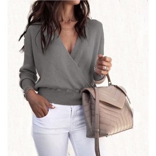 2020 Autumn Tops and Pullovers Long Sleeve Knitted Sweaters for Women V Neck Cross Wrap Sweaters and Pullovers Fashion Tops