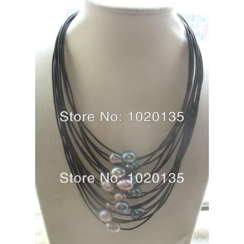 15rows freshwater pearl egg mix-color 17-24" necklace nature beads black line