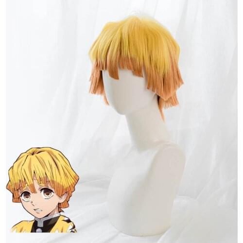 Anime Demon Slayer: Kimetsu no Yaiba Zenitsu Agatsuma Wig Short Golden Brown Wig Heat Resistant Hair Cosplay Wigs + Wig Cap