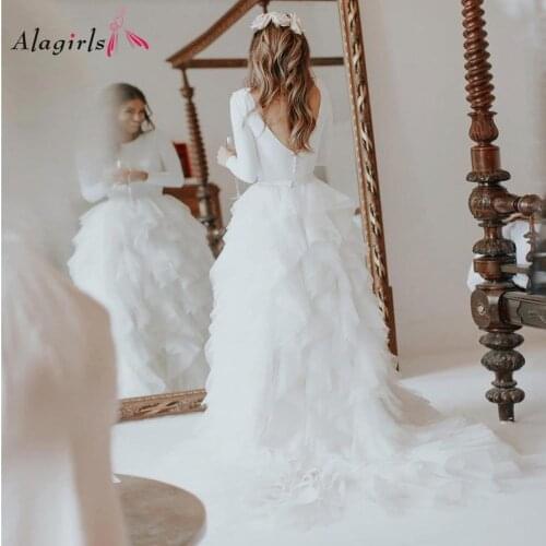 Simple backless ball gown wedding dress 2020 Scoop button back full sleeve robes Elegant sweep train vestidos for bride