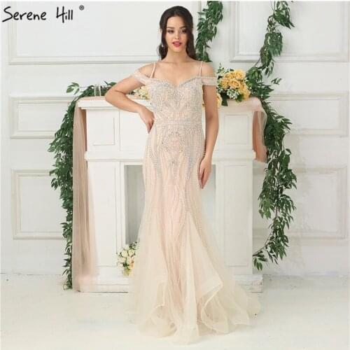 2020 Off Shoulder Spaghetti Straps Crystal Mermaid Evening Dresses Ruffles Train Long Prom Dress Dubai Robe De Soiree BLA6696