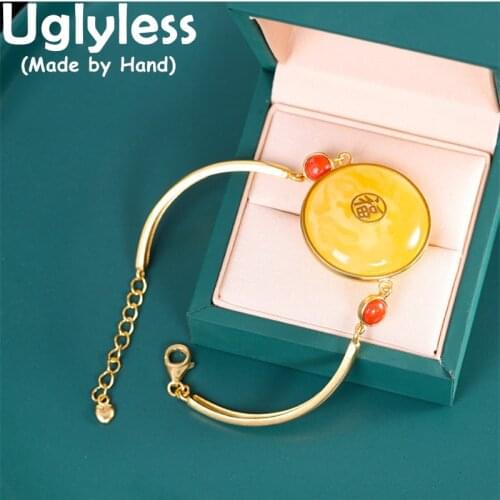 Uglyless Luxury Natural Chicken Oil Beeswax Amber Bracelets for Women Big Size Peace Buttons Gemstone Bracelets 925 Silver Jewel