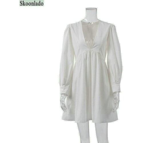 Women cotton linen long sleeve dresses deep V neck fashion cotton lady sexy dress spring autumn female party clothes elegant clo