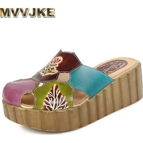 MVVJKE Platform Slides Shoes for Women Genuine Leather Cover Toes Floral Cut Out Female Wedges Slippers for2021 Summer