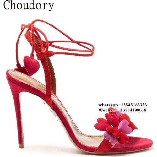 Fashion Design Sandal Red And Pink Hearts Femme Lace Up Suede Leather Gladiator Sandals Women Stiletto Strappy High Heels