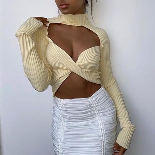 SEASONS Hollow Out Knit Long Sleeve Crop Top O Neck 90s Sexy O Neck Y2K Orange White Party Casual T Shirts 2021 Autumn ASTS83565