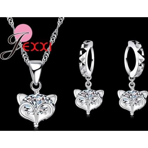 Elegant Bridal Wedding Jewelry Sets 925 Sterling Silver Cute Fox Austrian Crystal Necklace Earring Chain Womens Bijoux