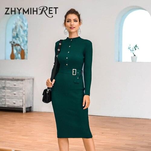 ZHYMIHRET Elegant Button Belted Sweater Dress Women 2019 Autumn Winter Long Sleeve Knitted Dresss Female Sashes Bodycon Vestidos