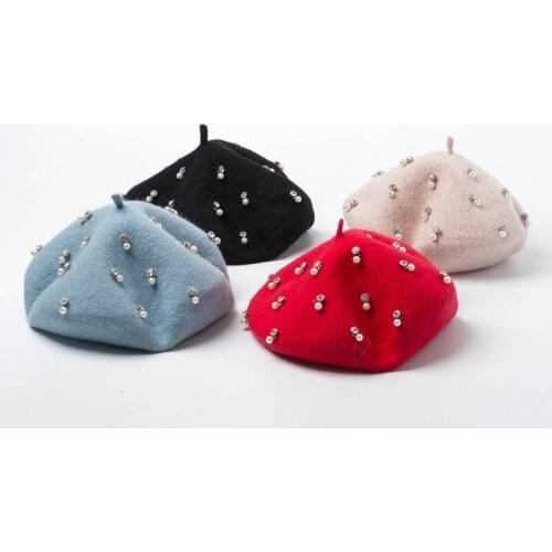01910-HH0146 winter wool Elegant diamond pearl lady beret cap women leisure painter hat