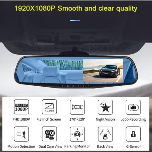 Full HD 1080P Car Dvr Camera Auto 4.3 Inch Rearview Mirror Dash Digital Video Recorder Dual Lens Registratory Camcorder