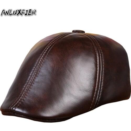 B-7253 New Arrival Male Warm Hat Mens Genuine Leather Hats Adult Baseball Cap Beret Hat Cowhide Peaked Cap Visor Hats Warm