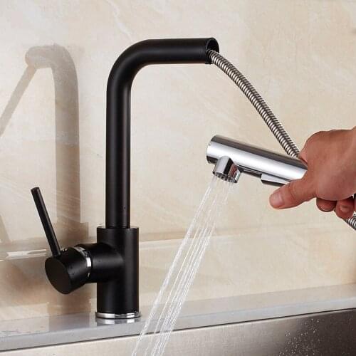 Free Shipping Brass High Arch Kitchen Sink Faucet Pull Out Rotation Spray Mixer Taps Black Chrome Nickel Hot / Cold Water Tap