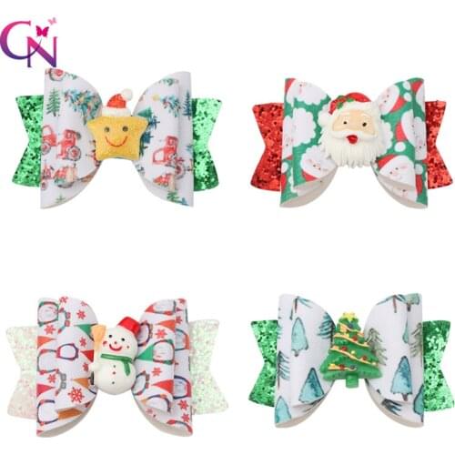 CN 3" Glitter Christmas Hair Bows for Girls Kids Handmade Christmas Tree Santa Hair Clips Christmas Hair Accessories