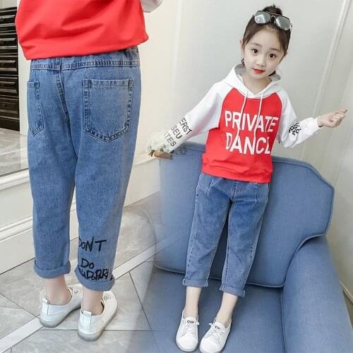 2021 Solid Light Blue Letter Girl Jeans for Kids Spring Autumn Trouser Children Kid Denim Pencil Pant Baby Boy Infant Clothing
