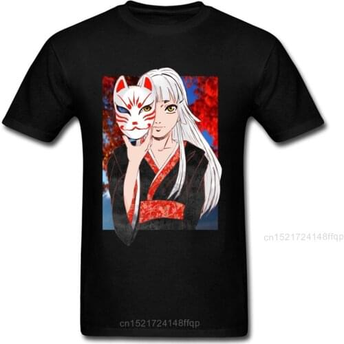 Anime TShirt Manga Girl Kitsune Tops Men T Shirt Woman T-shirt Brand Round Collar Clothes Japan Style Tees Black Short Sleeve