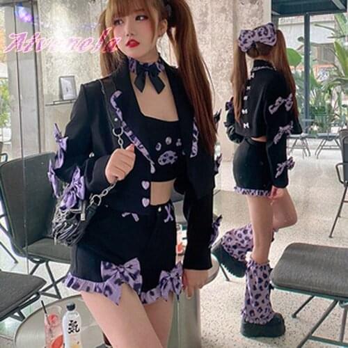 Harajuku Girl Suit Footprint Bow Coat Leopard Shorts Pants Spaghetti Camisole Tops Clothes Set Cool Female Streetwear AFC1026