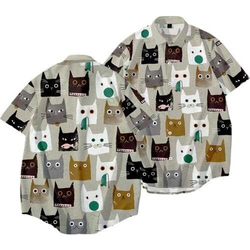 Cartoon Cat Printed Summer Casual Men Vintage Loose Beach Shirt New Hawaiian Short Sleeve Shirt Streetwear Oversize 6XL