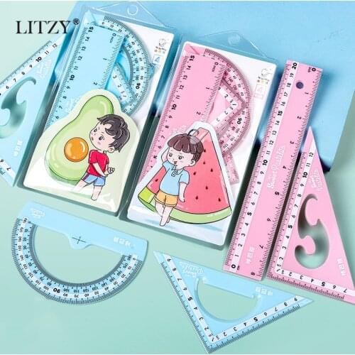 LITZY 4pcs Kawaii Ruler Set Protractor Mathematical Compasses School Stationery 15/20cm Plastic Straight Rulers Office Supplies