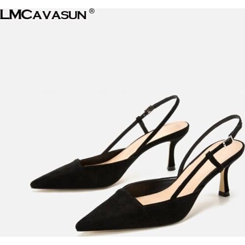 LMCAVASUN Spring faux suede women dress shoes thin heel slip on women slingbacks
