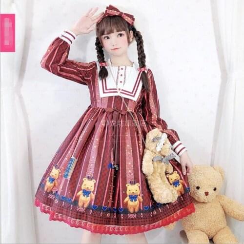 Lolita Cute Bear Print OP Vintage Court Dress Girl Long Sleeve Lolita Cos Lolly Bowknot Kawa Elorita Cos Loli Princess Dress