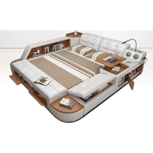Genuine Leather multifunctional massage bed frame Nordic camas ultimate bed LED light Bluetooth speaker safe table radio Iphone