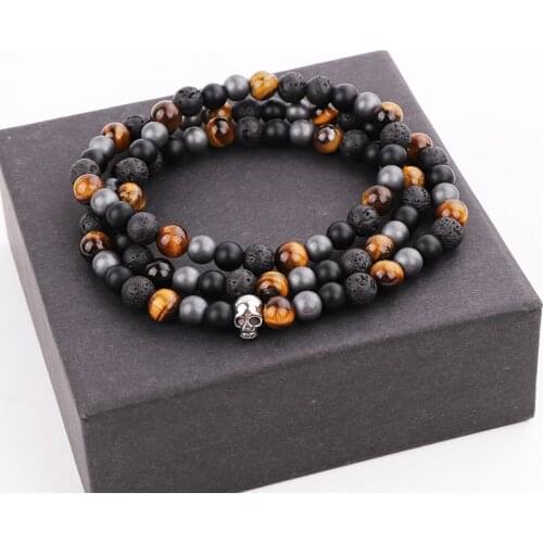 Male Bracelet Multi Layers Natural Stone Lave Stone Stainless Steel Skeleton Elastic Bracelet Men Jewelry Bracelet Gift