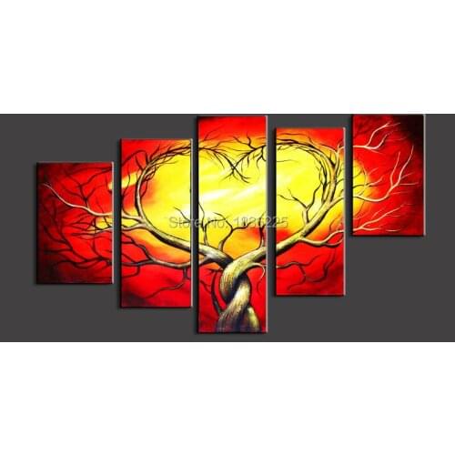 Art supplies handpainted 5 panels wall painting for home decor modern abstract group landscape painting on Canvas heart tree
