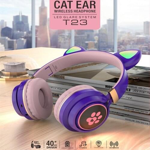 T23 LED Cute Cat Ears Headphones Bluetooth 5.0 Wireless Headset With Mic Stereo Music Earbud Music Gaming Earphone For Kids