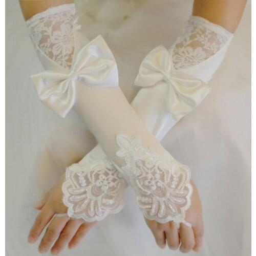 Red white 2016 new hot Satin Lace Bow Bridal Gloves Wedding Show Red Long wedding gloves Wedding Accessories