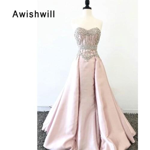New Long Evening Dress Elegant Real Photos Floor Length Crystal Beaded Satin Formal Prom Dress for Women Robe De Soiree 2020
