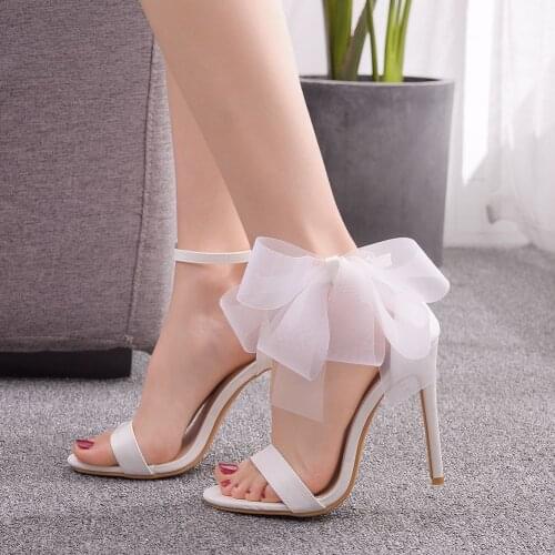New Shoes Woman Sweet Bow Knot Elegant Ankle Strap Party Sandals White Thin High Heels Wedding Shoes Open Toe Sandals