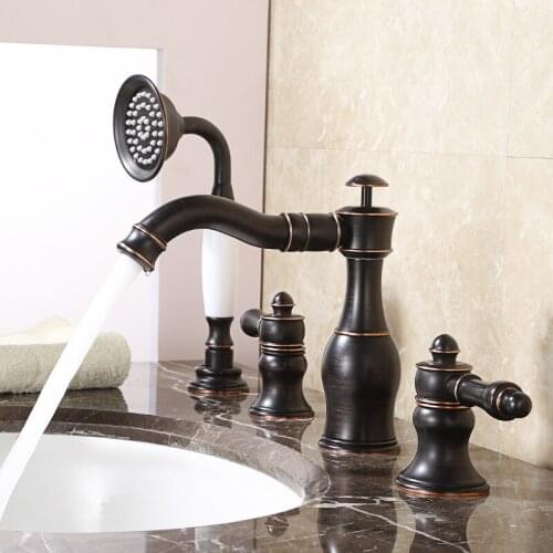 Black Four Pcs Bathtub Faucet Deck Mount Double Handles Hand Sprayer Brass Bathroom Bathtub Mixer Taps Shower Set